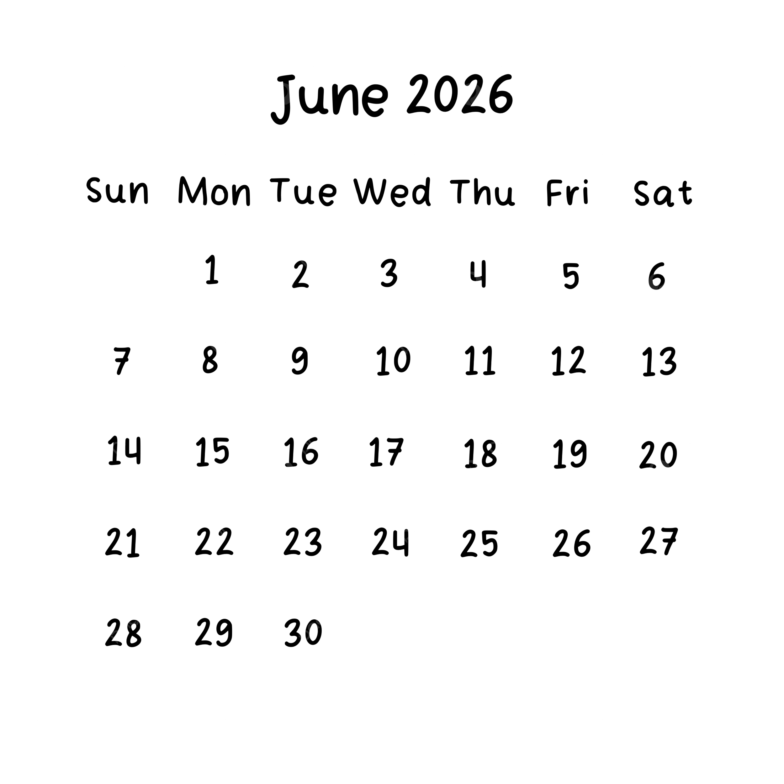 June 2026 Calendar Black And White