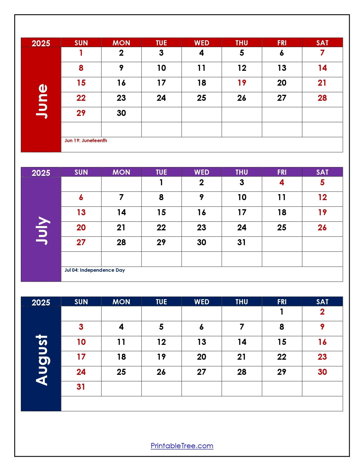 Blank Calendar 2025 June July August