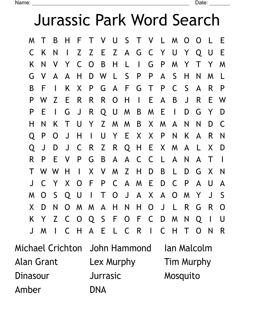 Jurassic Park Crossword Puzzles Printable