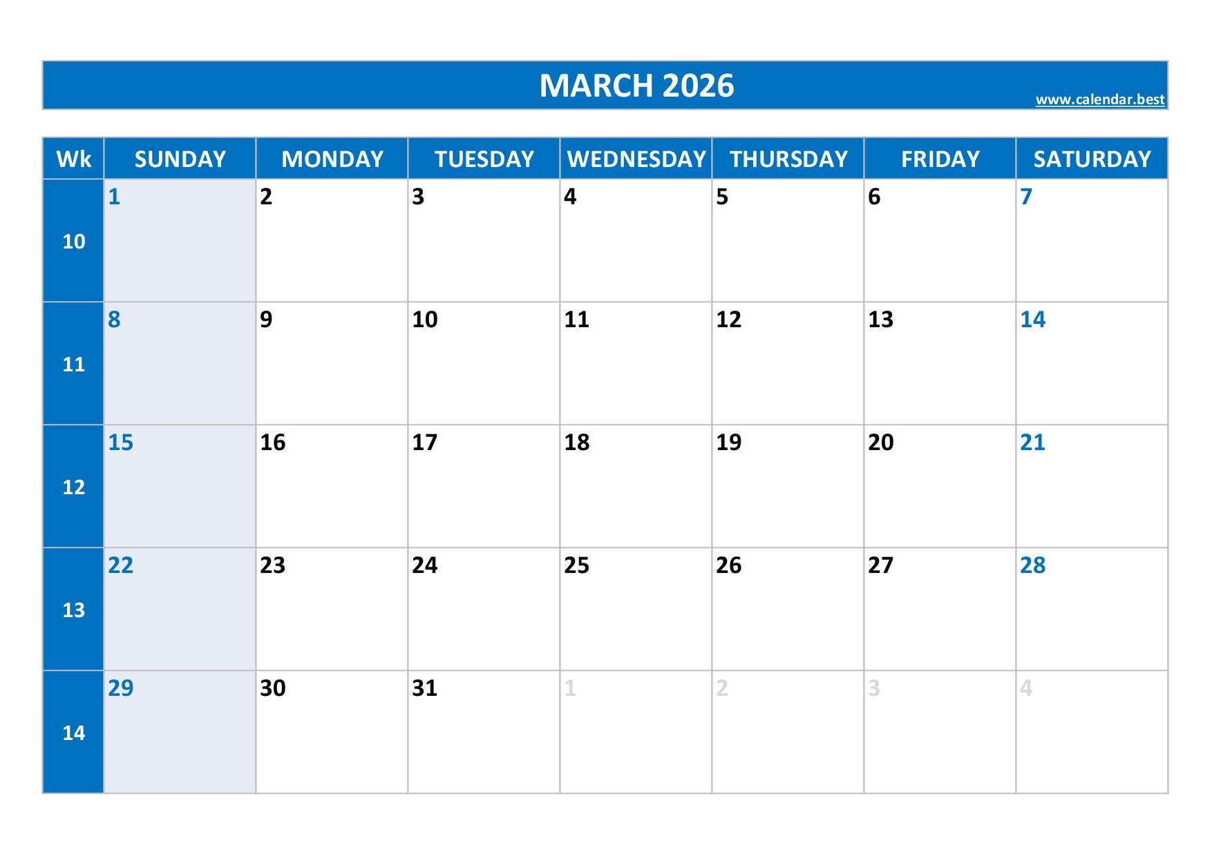 Blank Calendar Pages March 2026 Printable