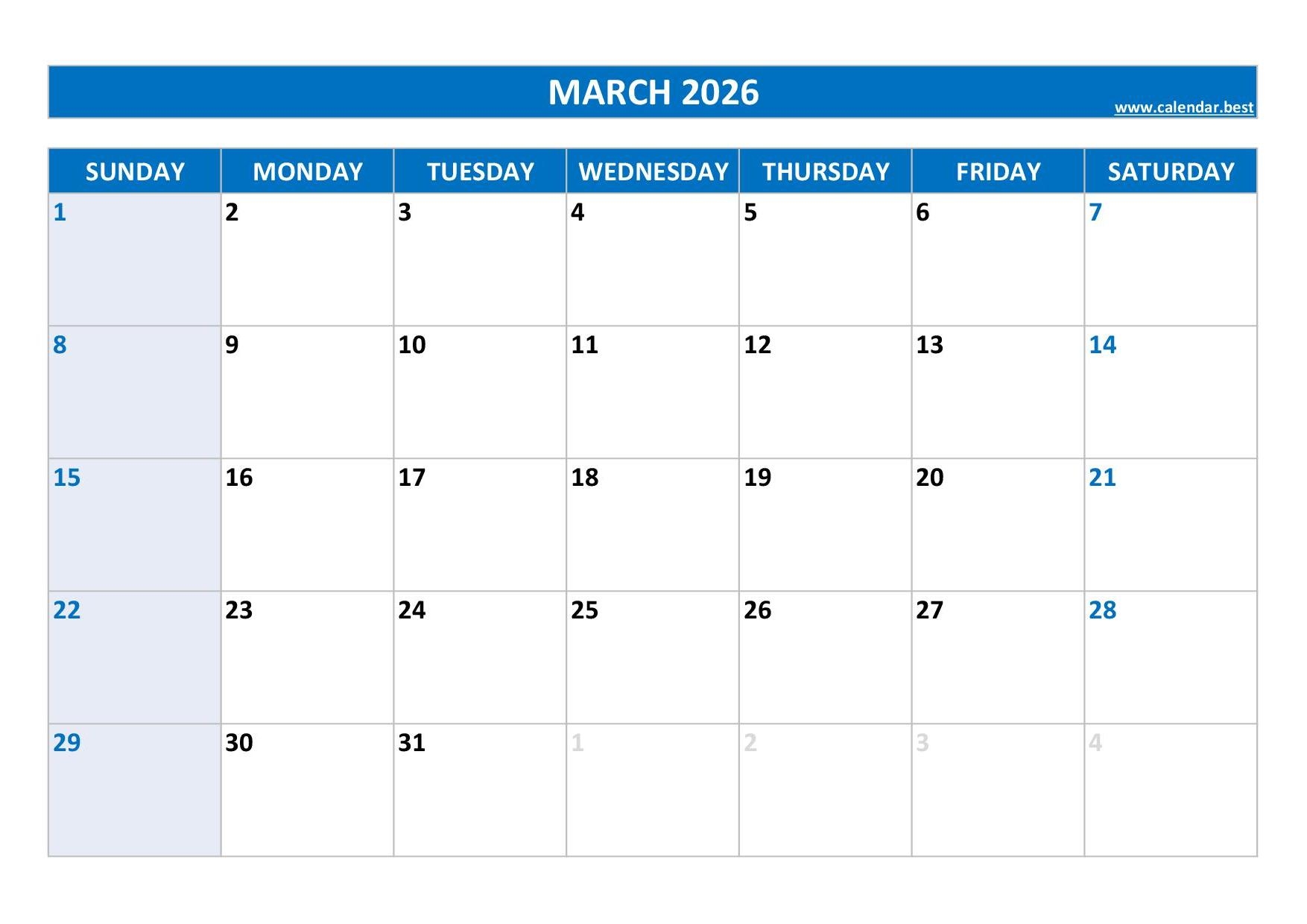 March 2026 Printable Calendar
