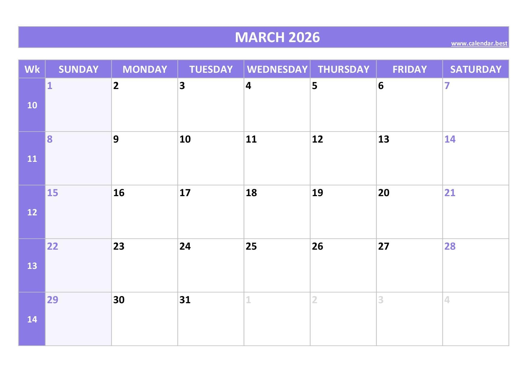 Blank March 2026 Calendar Printable