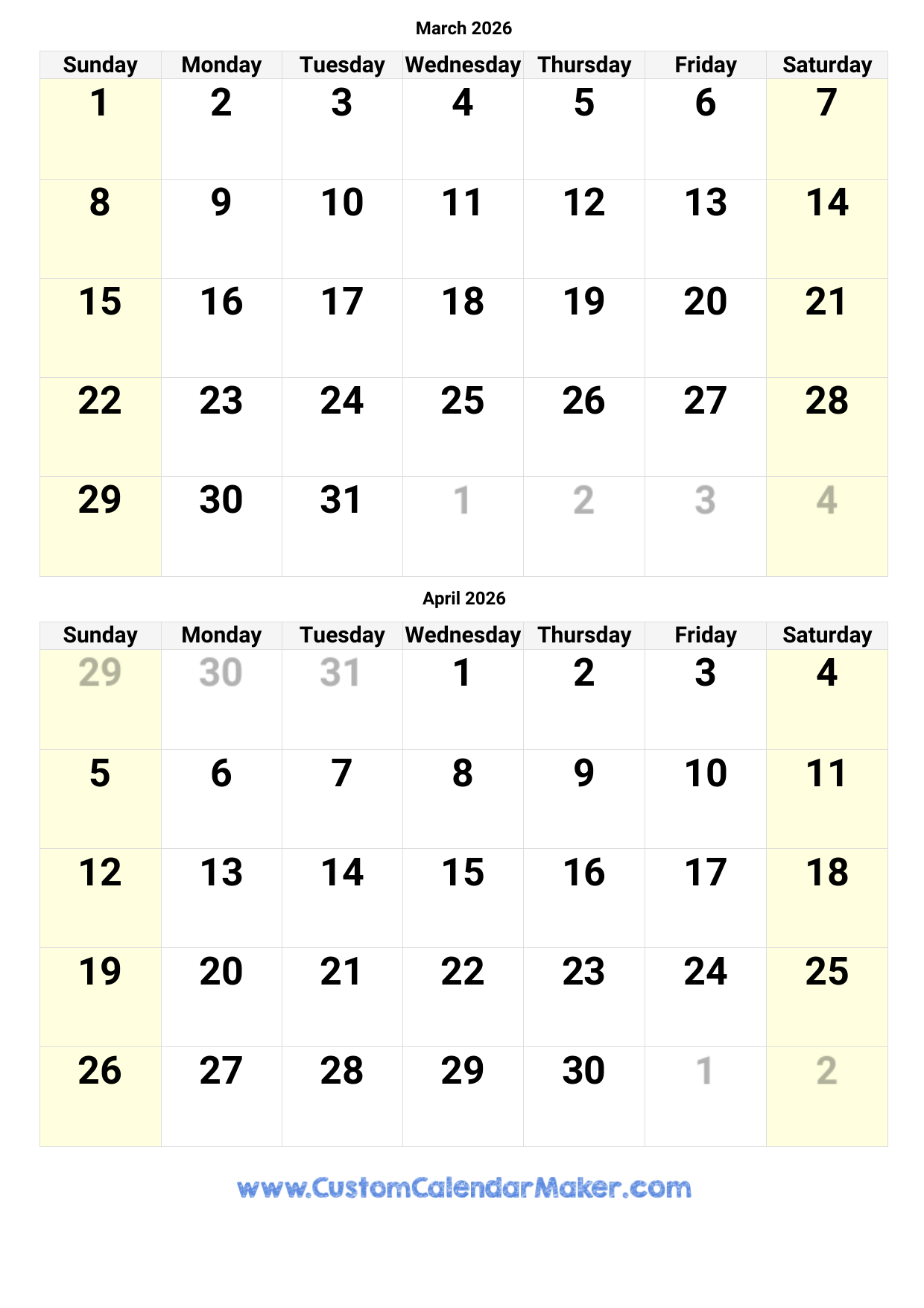 March And April 2026 Calendar