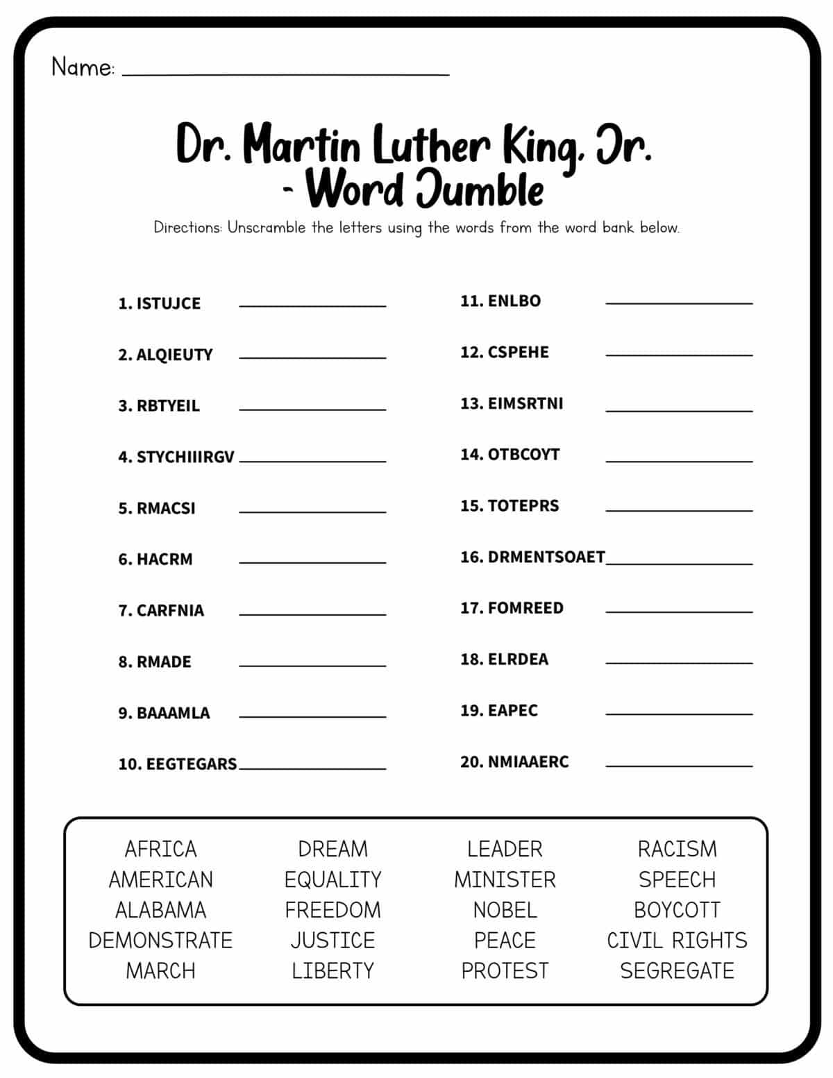 Free Printable Martin Luther King Worksheets