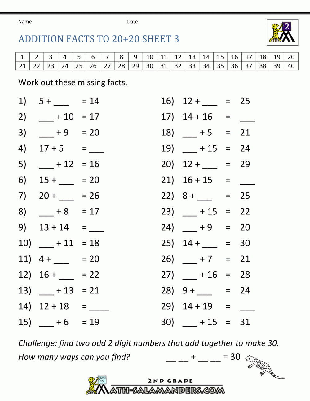 Math Addition Facts To 20