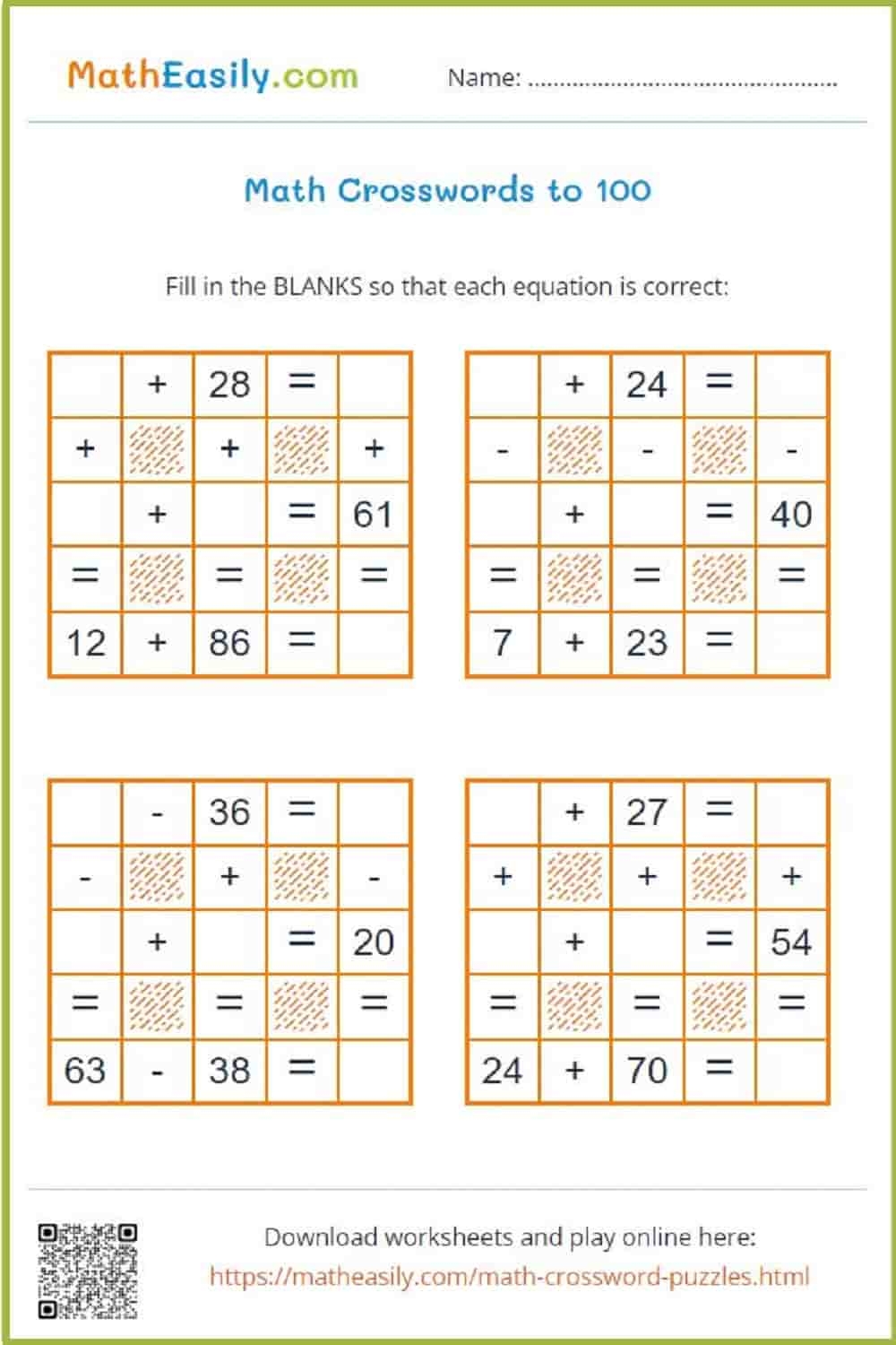 Math Crosswords ONLINE Printable