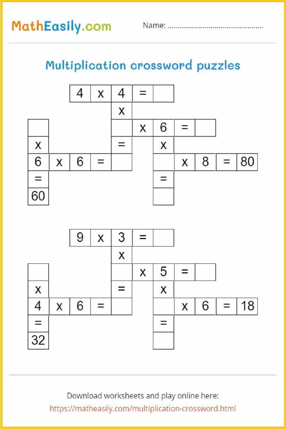 Math Crossword Puzzles Free Printable