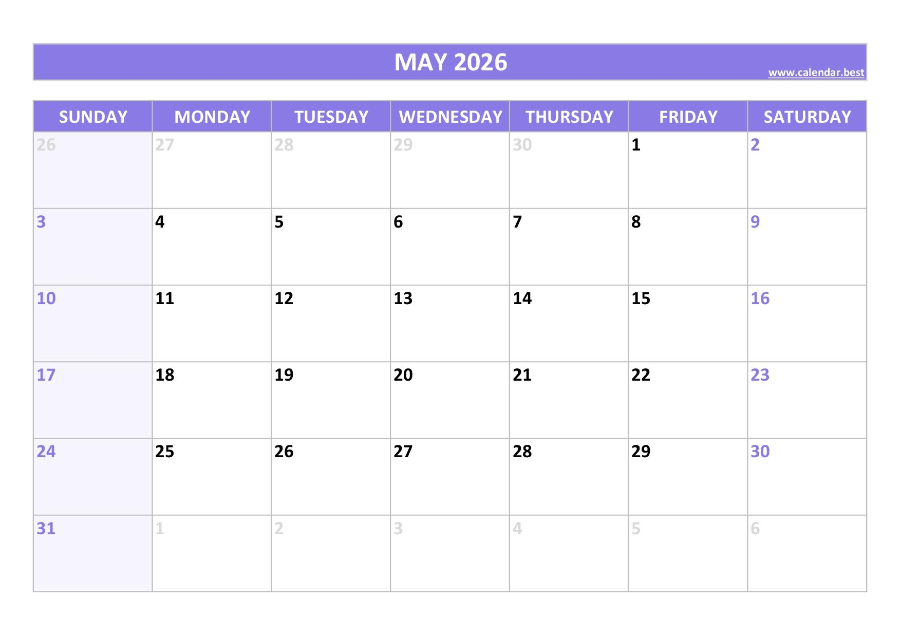 May 2026 Calendar Page
