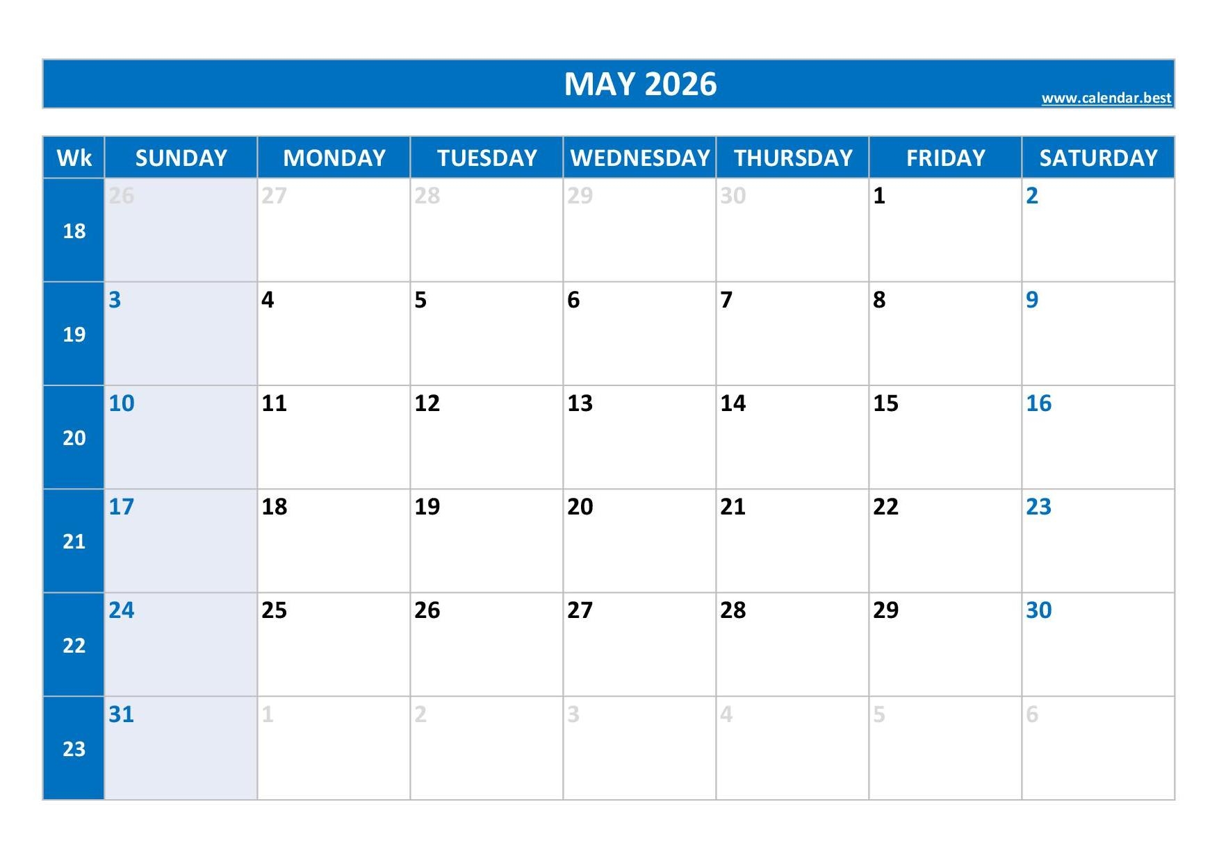 Blank May Calendar 2026 Printable