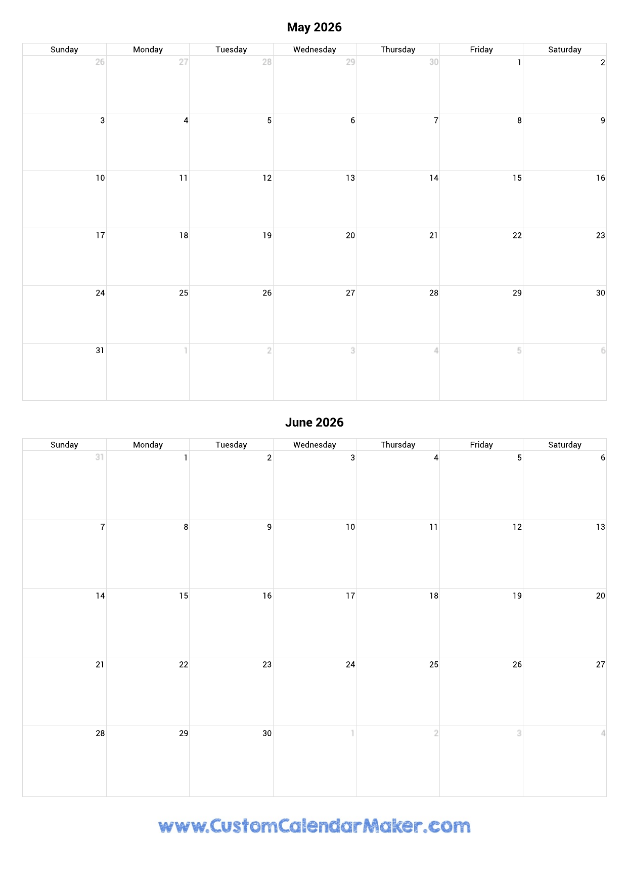 Blank May And June 2026 Calendar