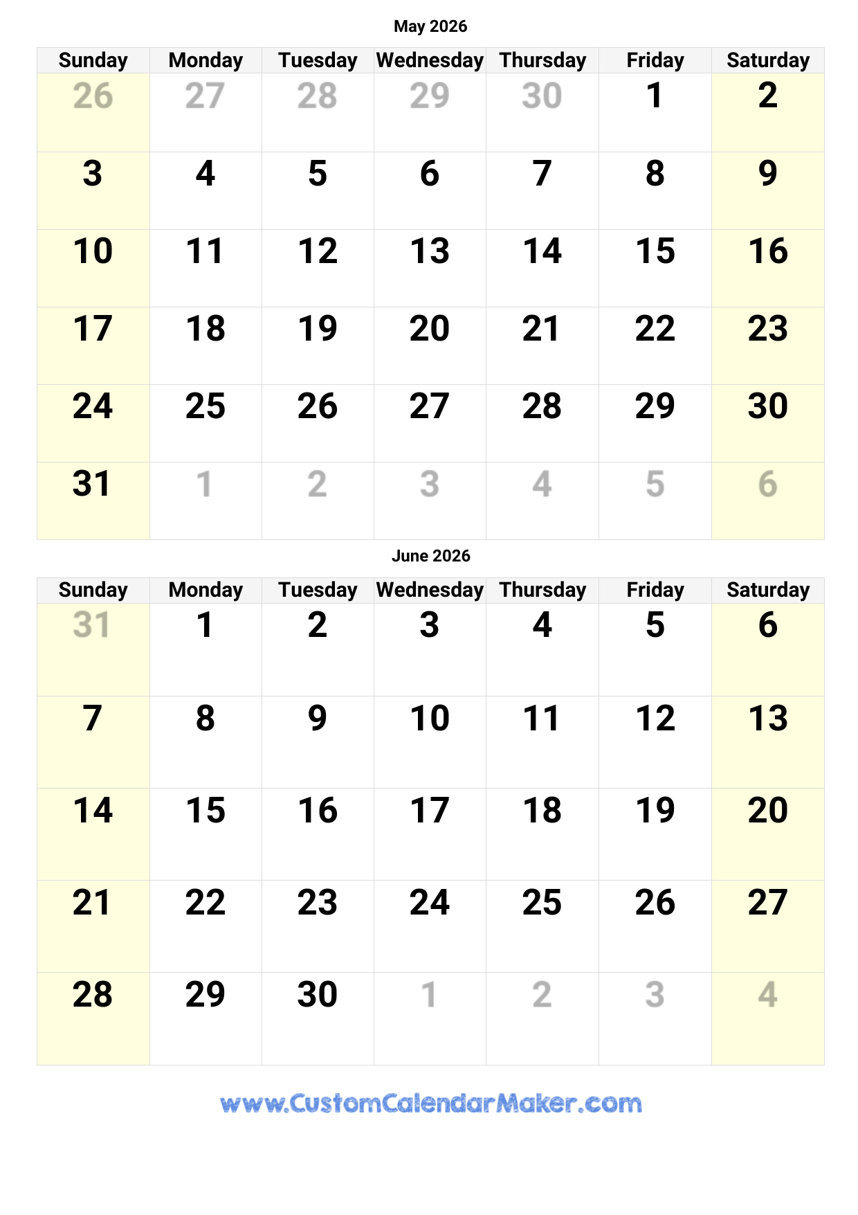 Blank Calendar 2026 May June July