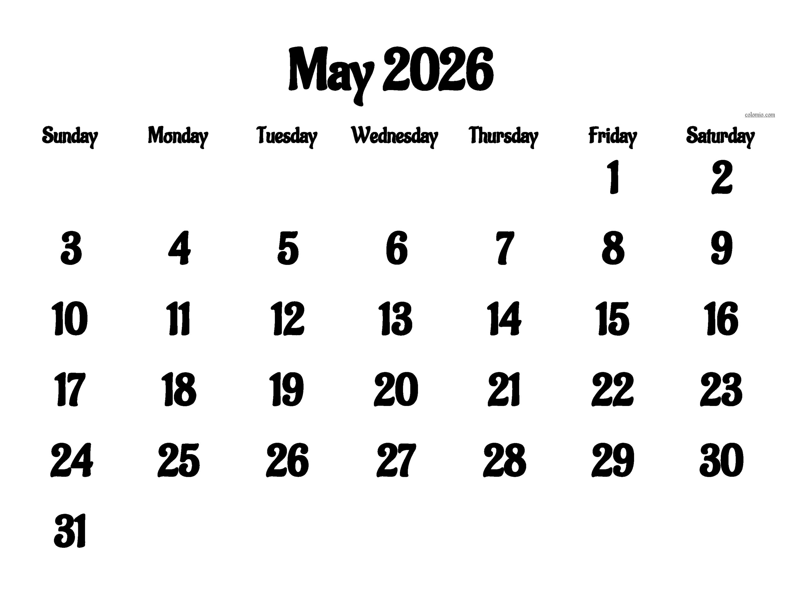 May Calendar 2026 Free Printable PDF XLS And PNG