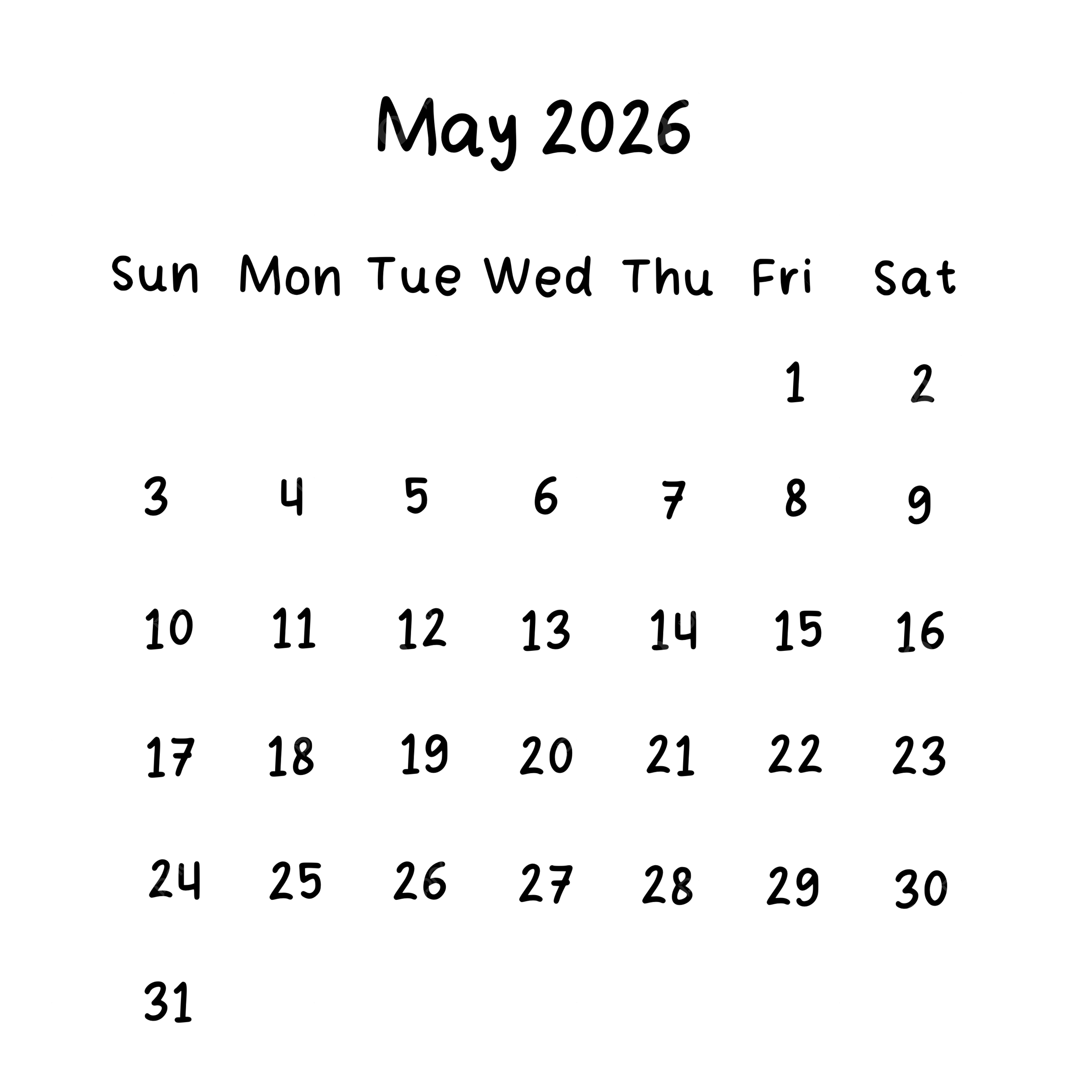 May Monthly Calendar 2026 In Black Color May Calendar 2026 PNG 