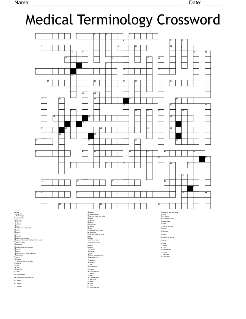 Printable Medical Terminology Crossword Puzzles