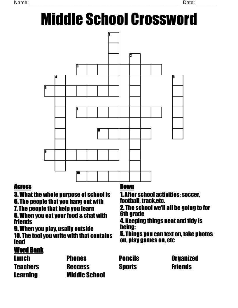 Printable Crossword Puzzles Middle School