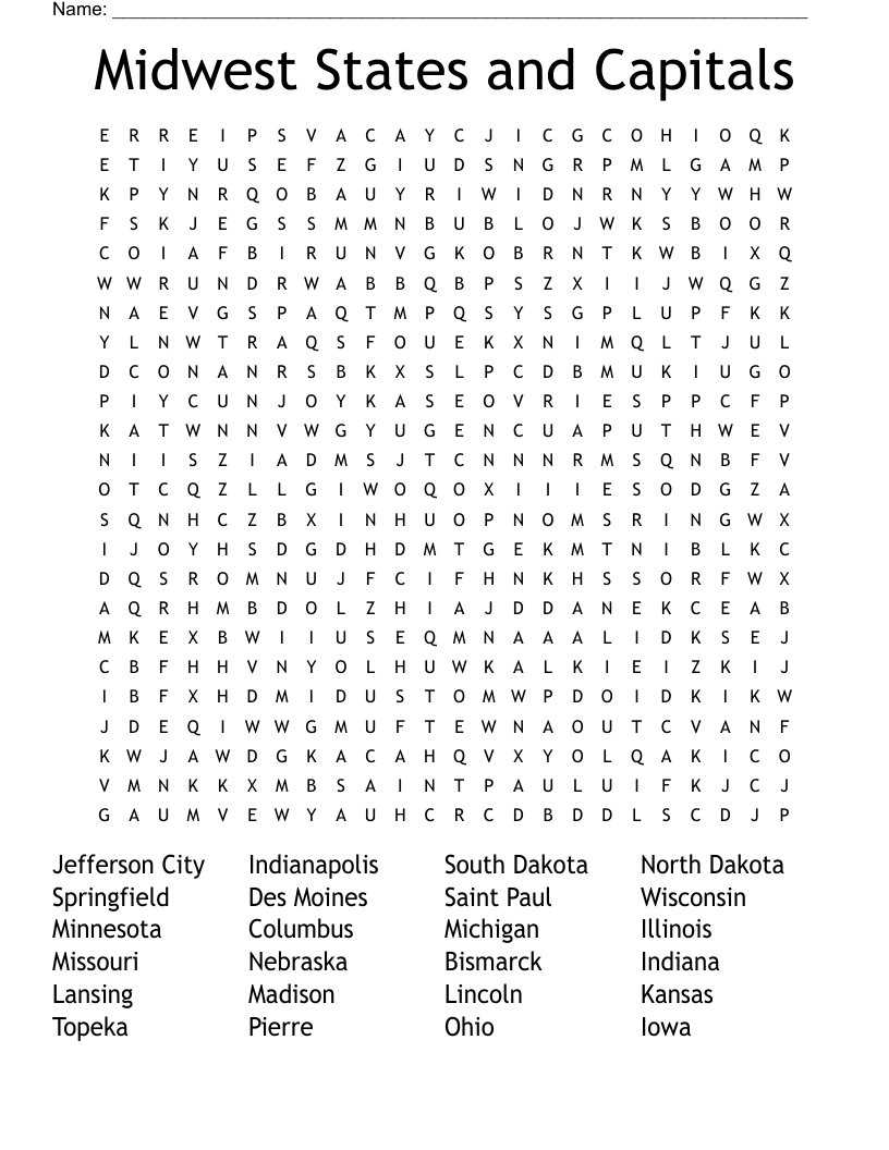 Free Printable Midwest States And Capitals Worksheet