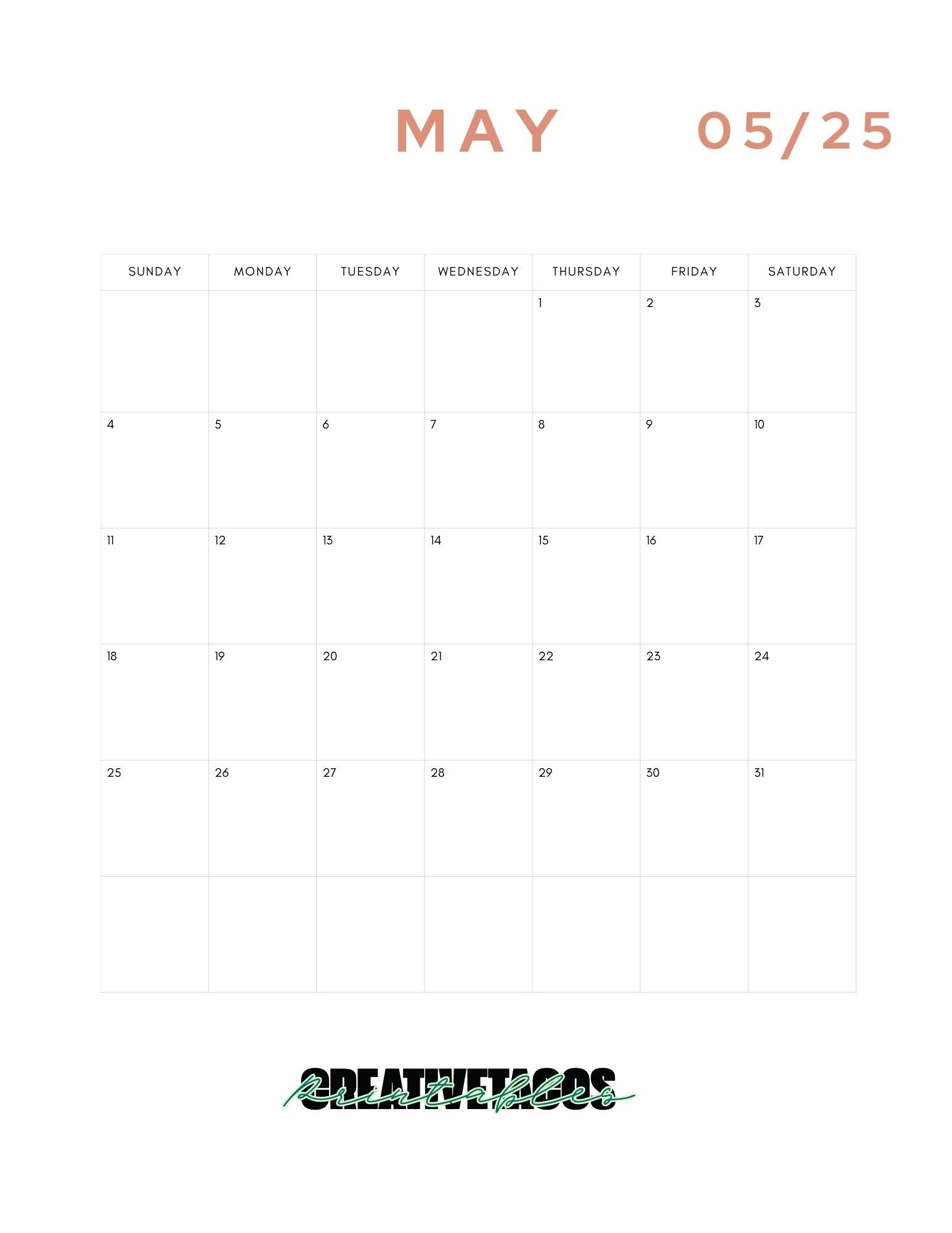 Blank Monthly Calendar Printable 2025 Free