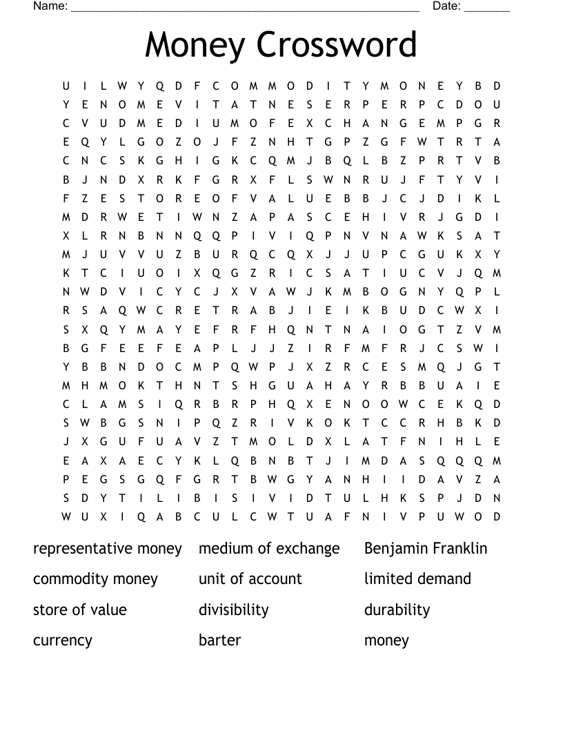 Money Crossword Puzzles Printable