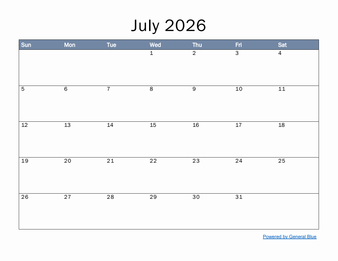July Blank Calendar 2026 Landscape