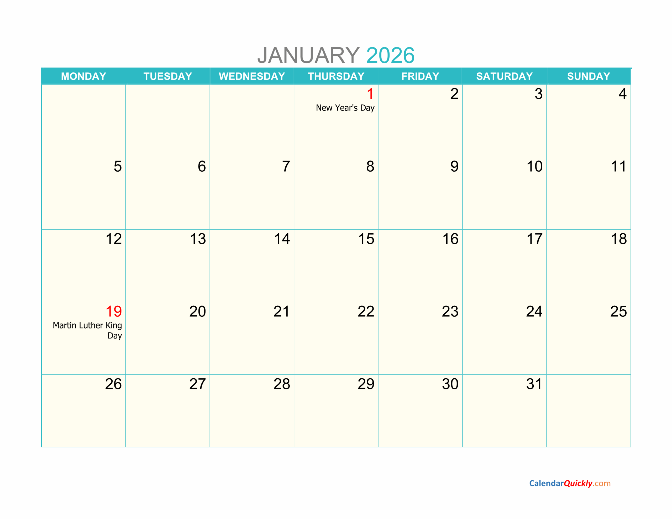 Free Printable Monthly 2026 Calendar