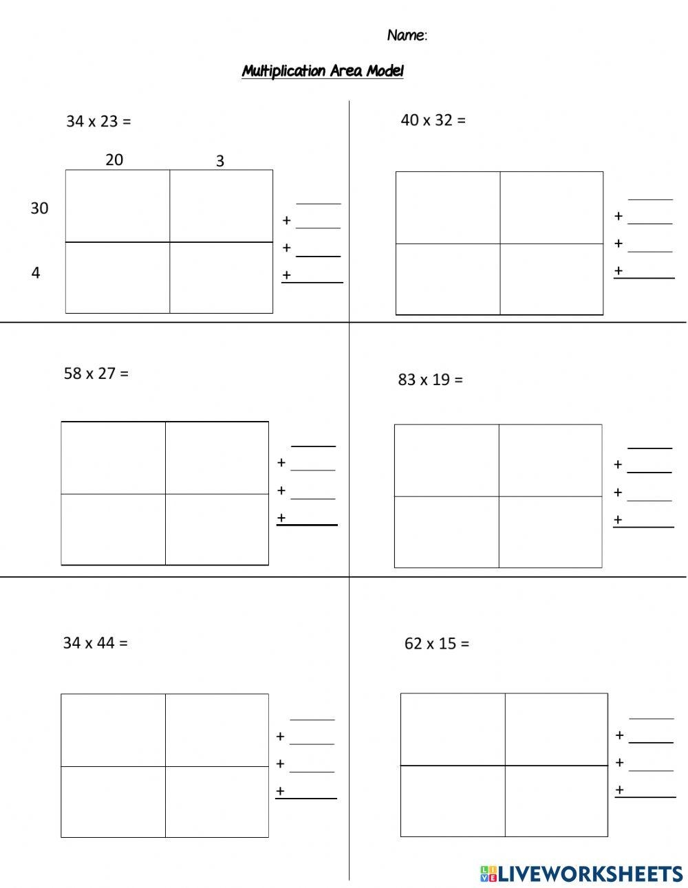 Multiplication Area Model Worksheet Live Worksheets Worksheets 