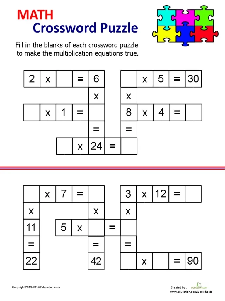Multiplication Crossword Puzzles Printable
