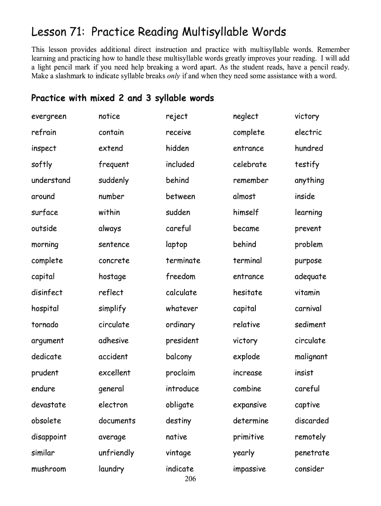 Multisyllabic Word List Pdf Fill Online Printable Fillable 