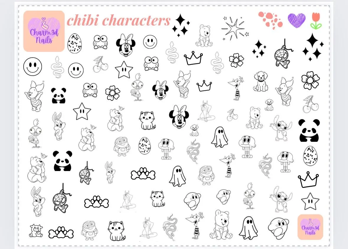 Nail Art Practice Sheet Chibi Characters Stencil printable PDF Etsy