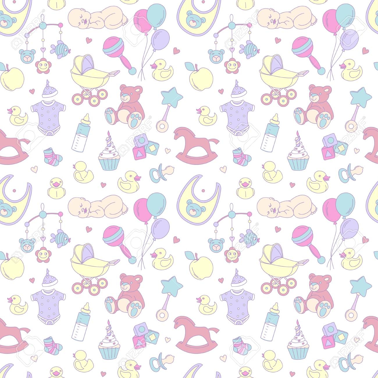 Newborn Baby Shower Seamless Pattern For Textile Print Greeting Cards Wrapping Paper Wallpaper For Boy Or Girl Birthday Celebration Party Vector Illustration Design Line Scetch Stile Royalty Free SVG Cliparts Vectors And