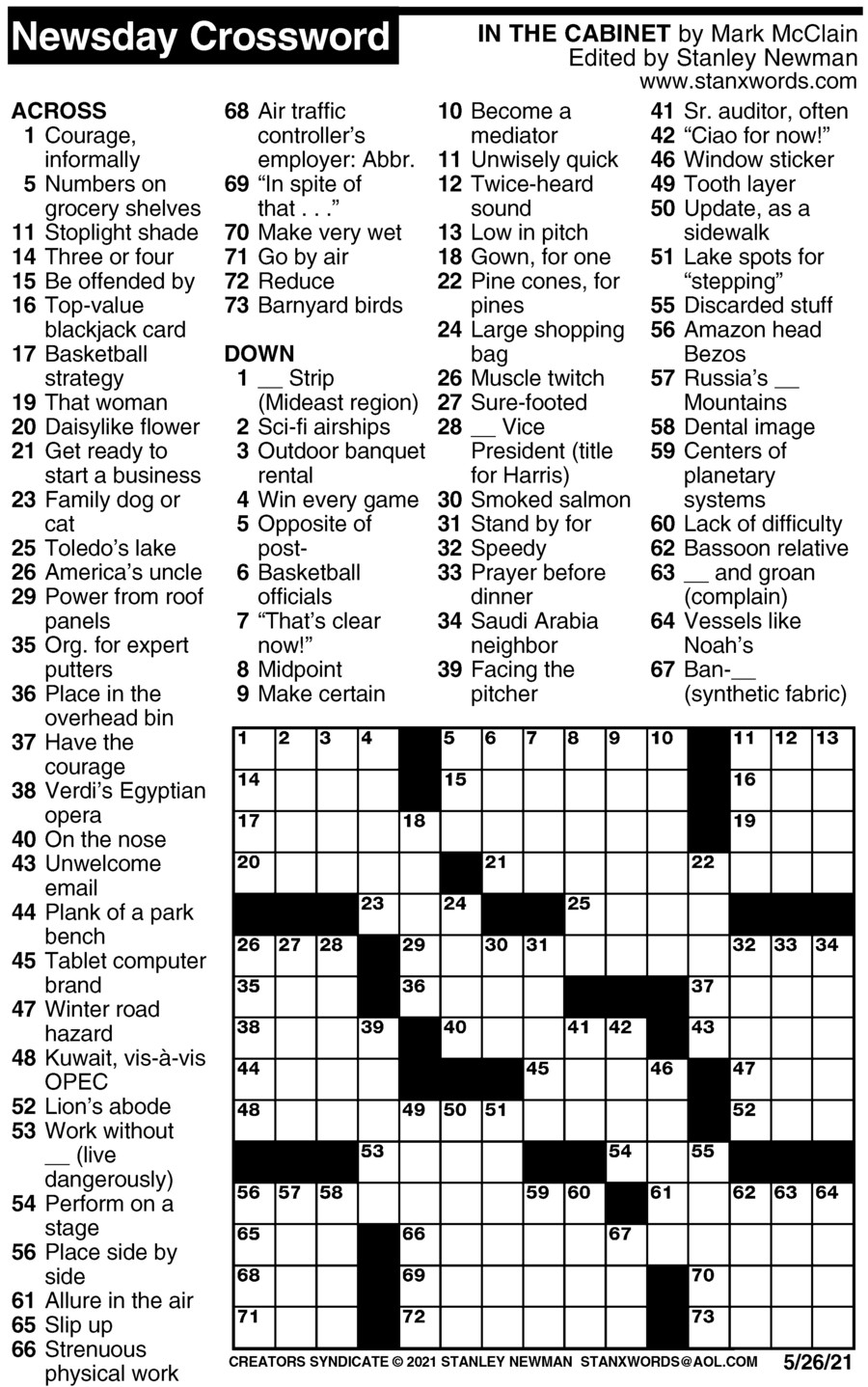Newsday Crossword Puzzle For May 26 2021 By Stanley Newman 
