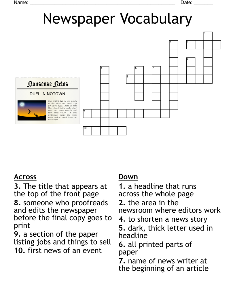 Newspaper Vocabulary Crossword WordMint