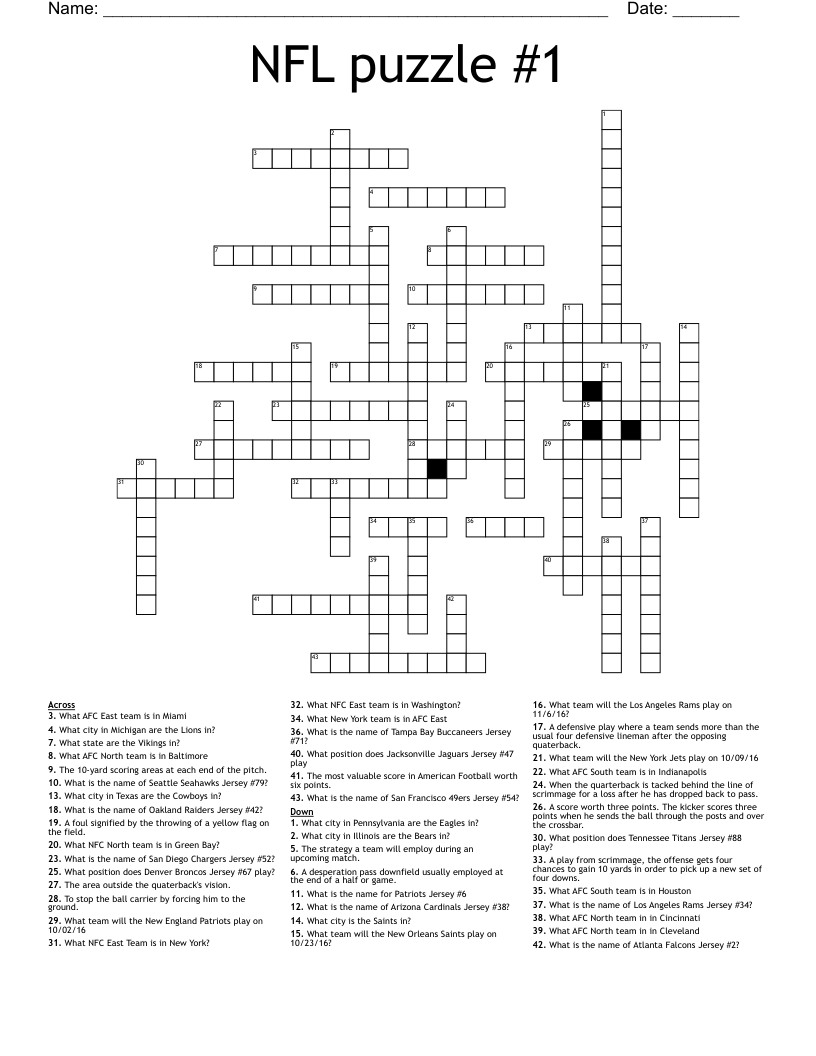 Crossword Puzzles Printable Nfl Teams