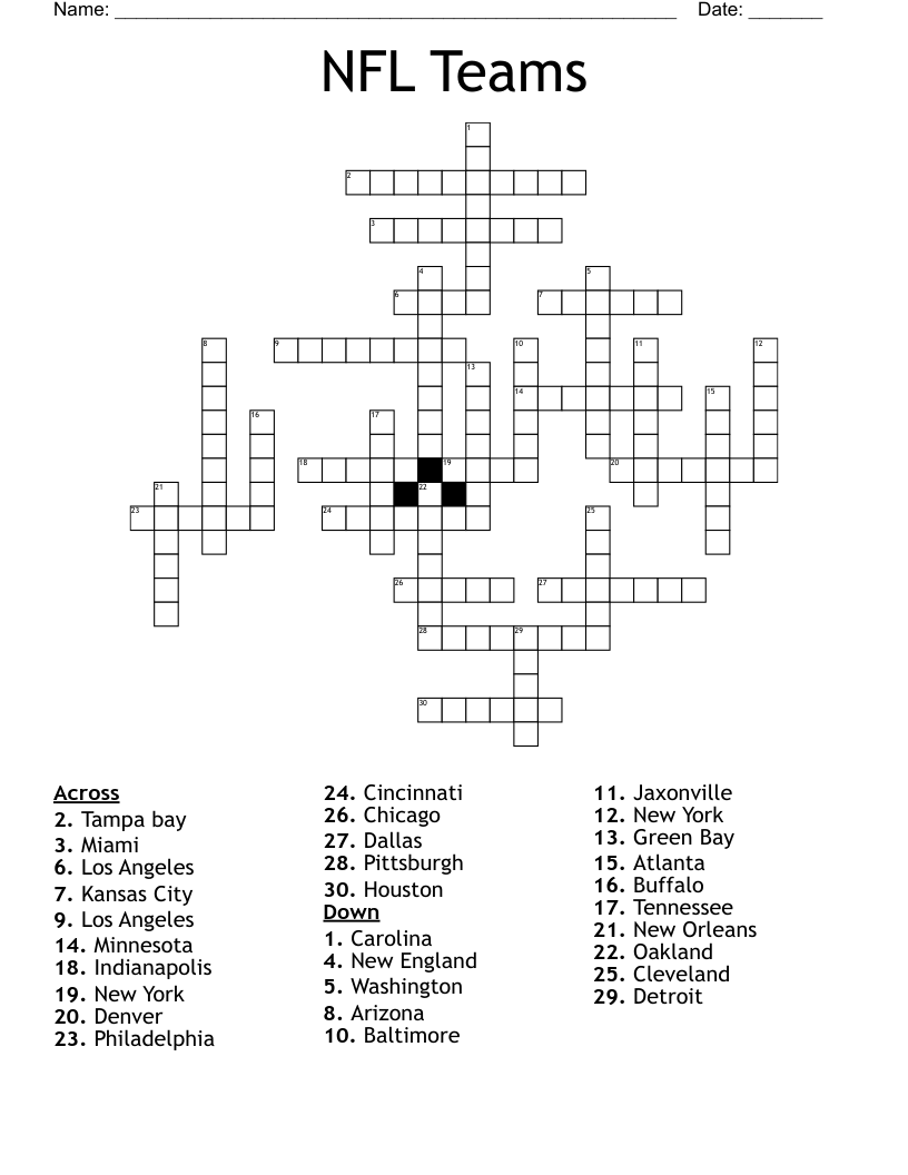 NFL Teams Crossword WordMint