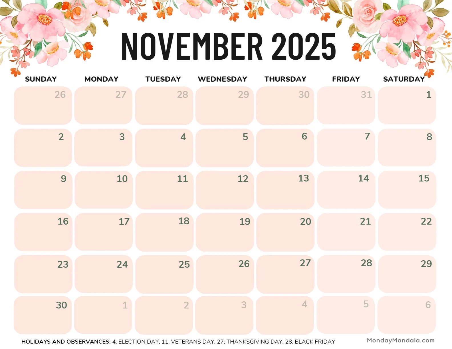 November 2025 Calendar 52 Free PDF Printables 