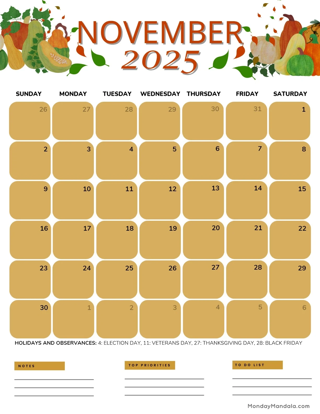 Blank November Calendar 2025 Printable