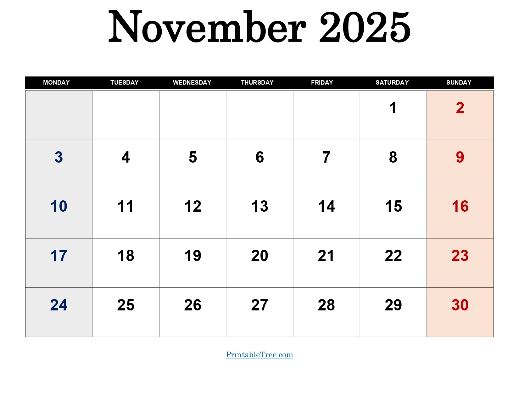 November 2025 Calendar Monday Start