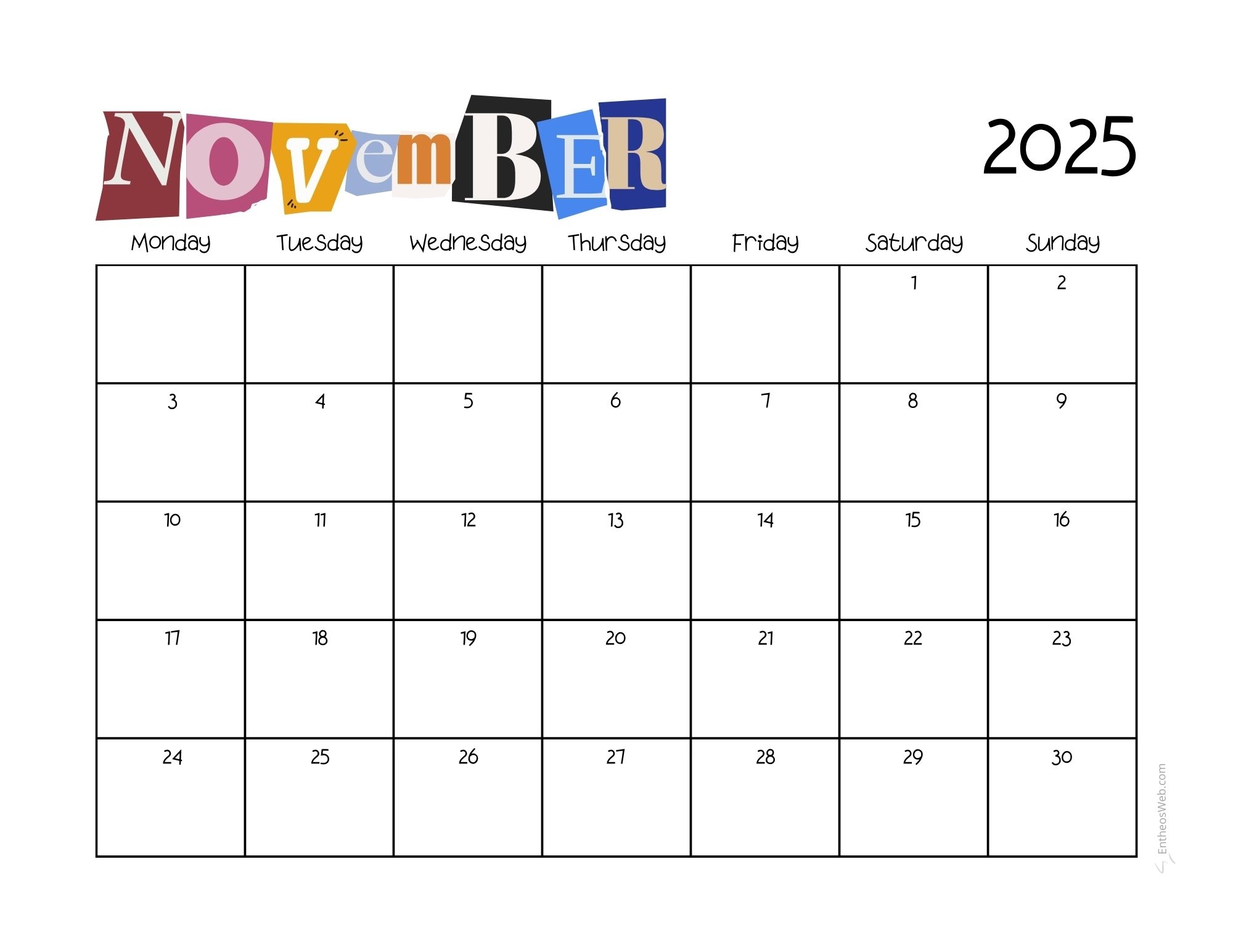 Printable 2025 November Calendar