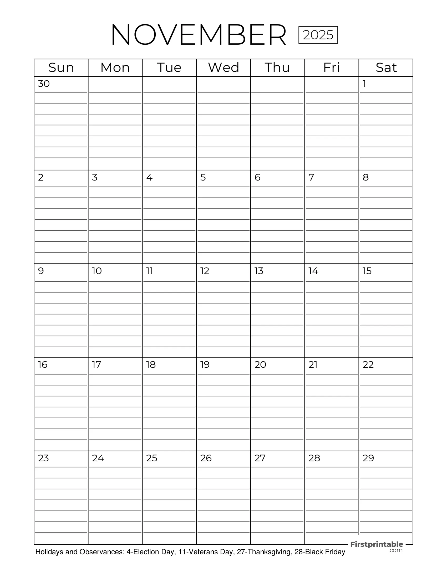 November 2025 Calendar Blank Printable Free