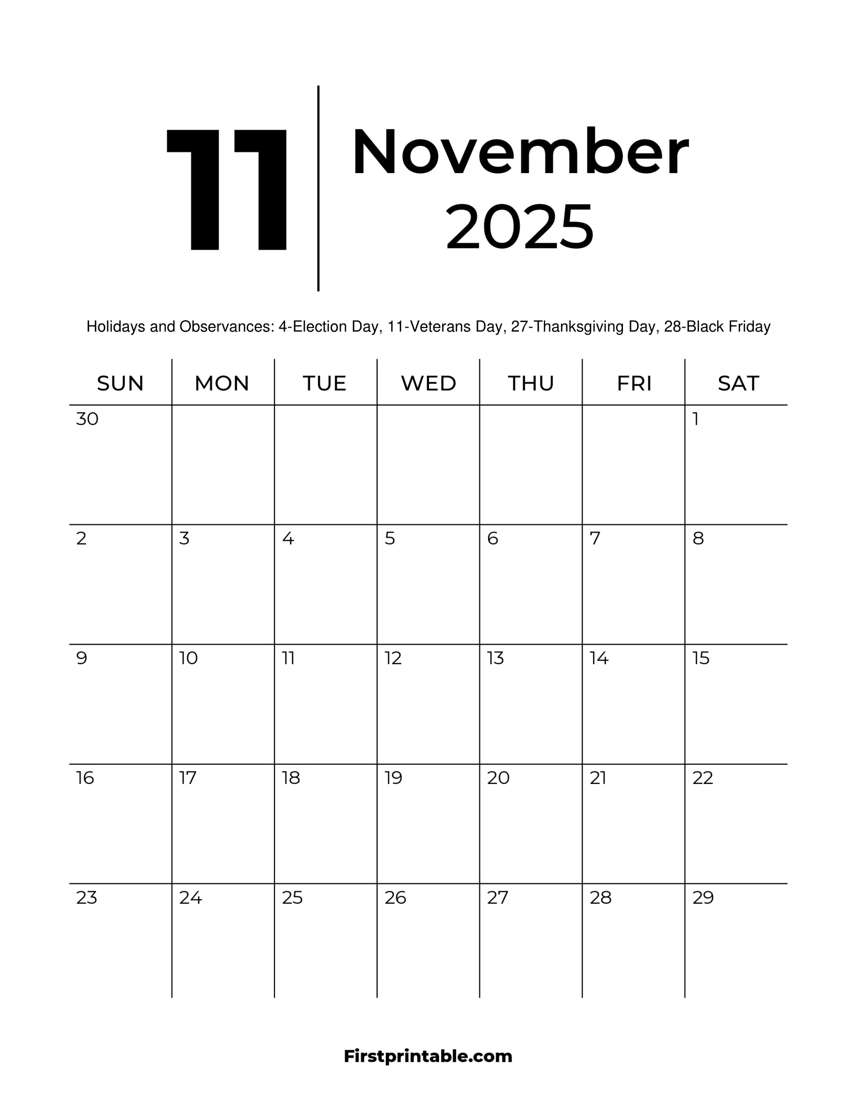 November Blank Calendar 2025 Printable