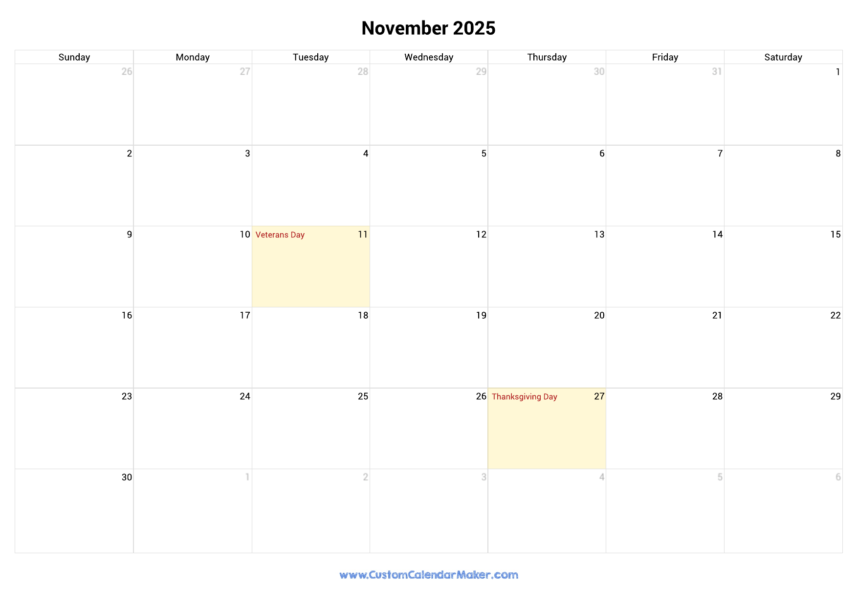 November 2025 Calendar With Holidays Usa