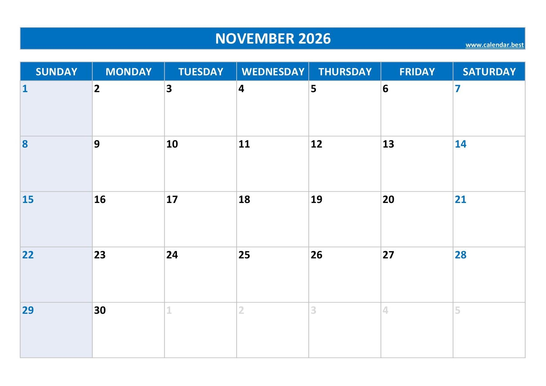 Blank November Calendar 2026 Printable