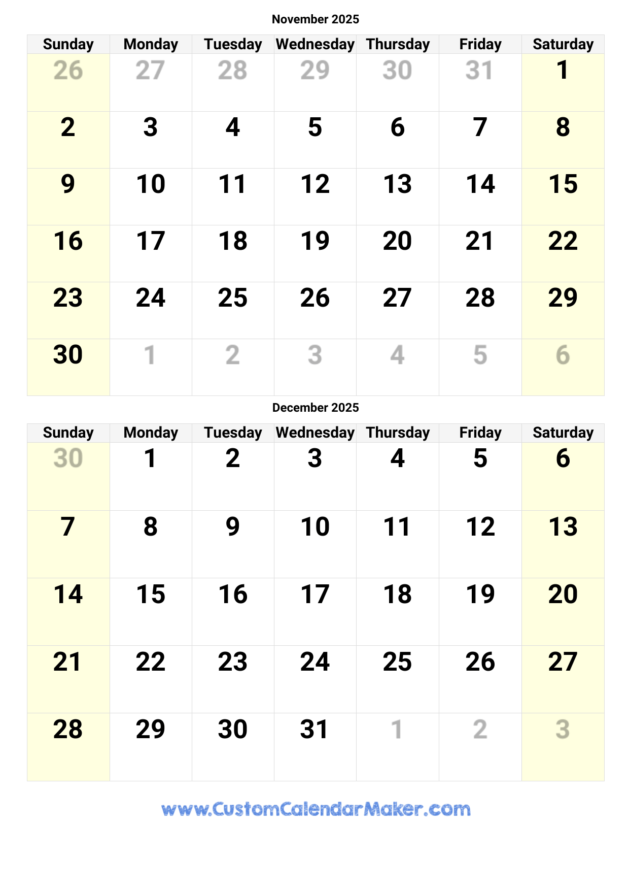 Blank November And December 2025 Calendar Printable Free