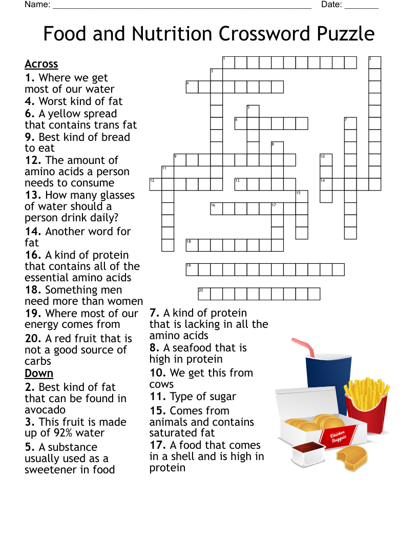 Printable Nutrition Crossword Puzzles