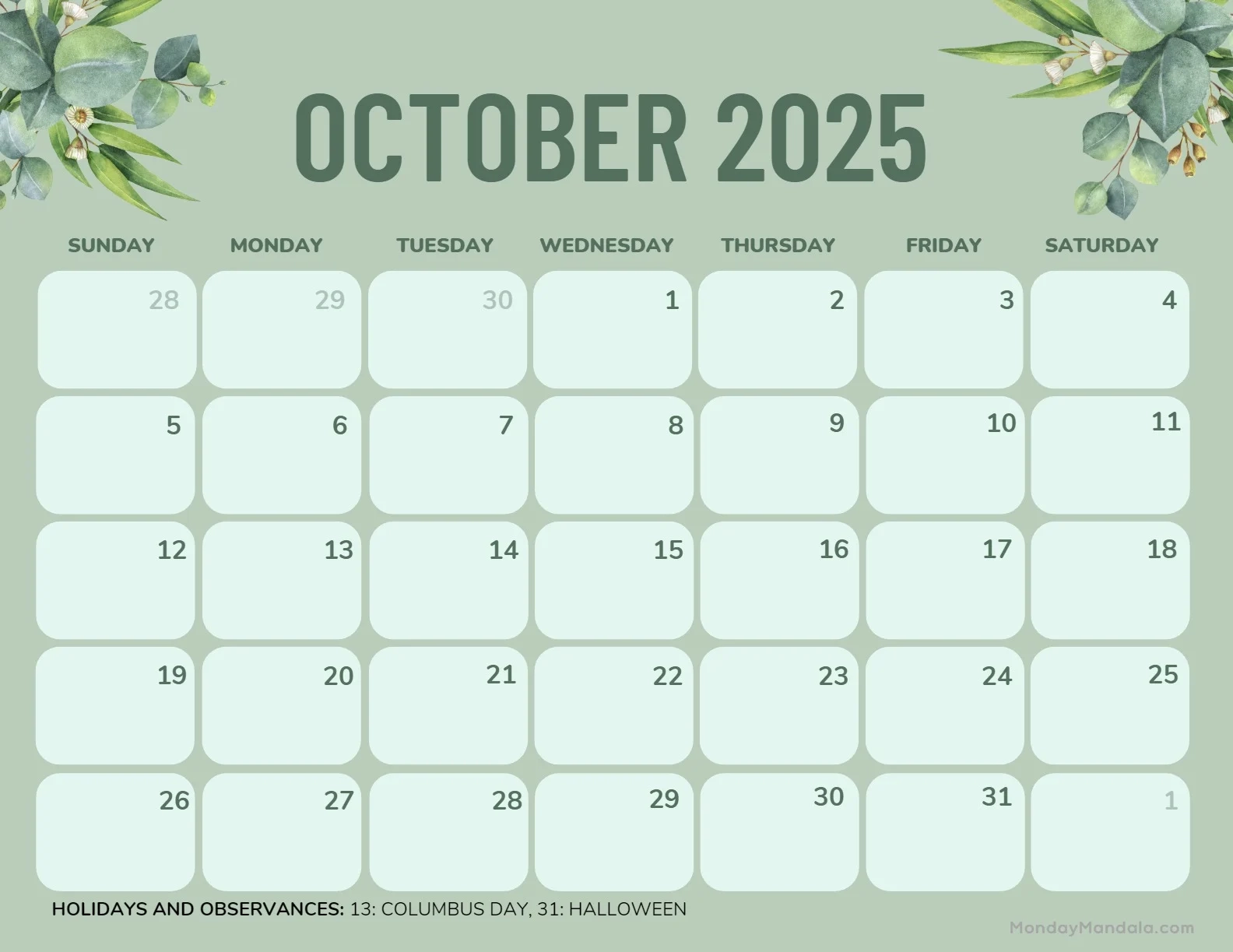 October 2025 Blank Calendar Printable Free