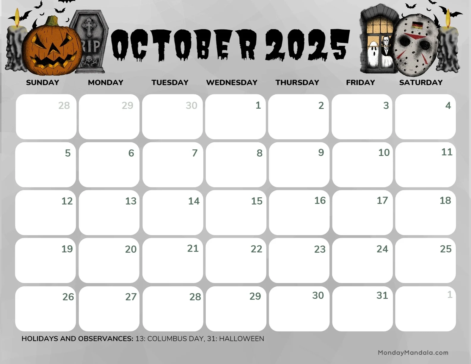 Blank Calendar October 2025 Printable