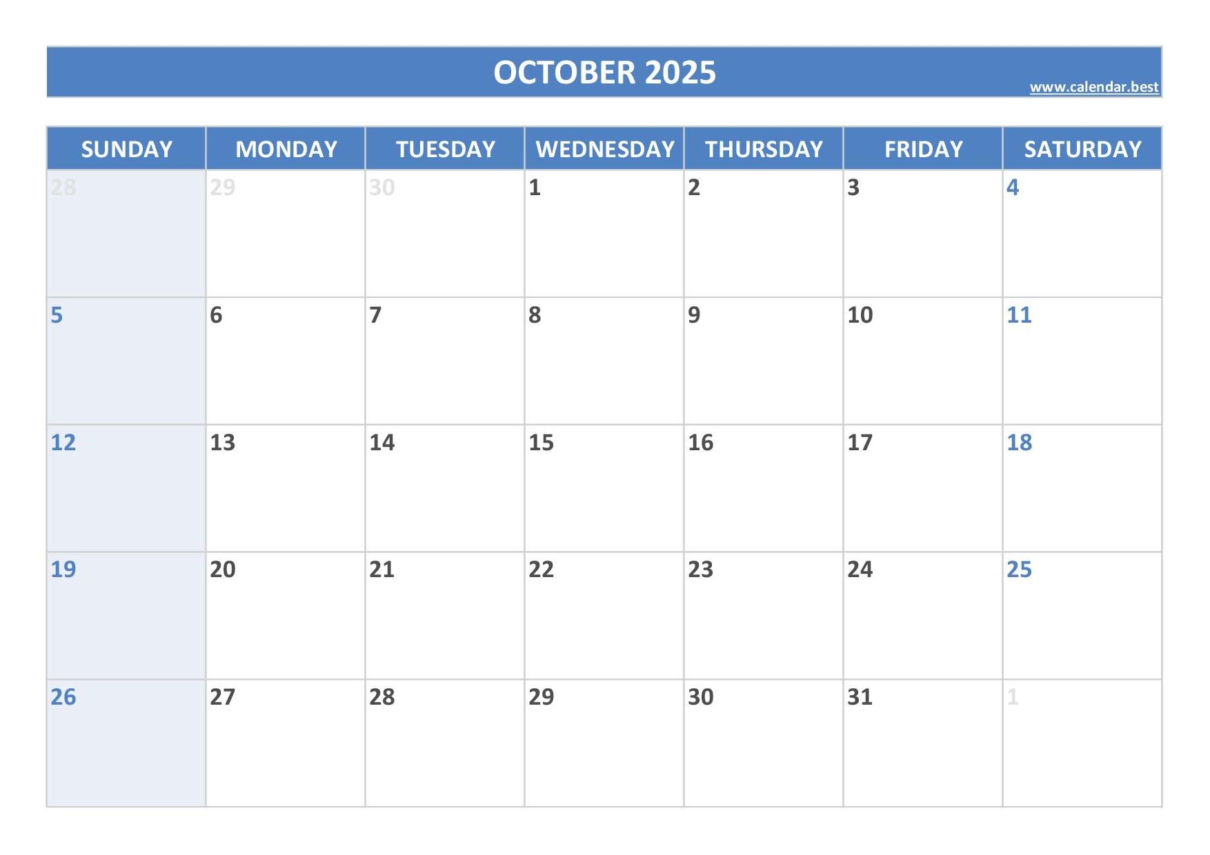 Blank October 2025 Calendar Printable Free
