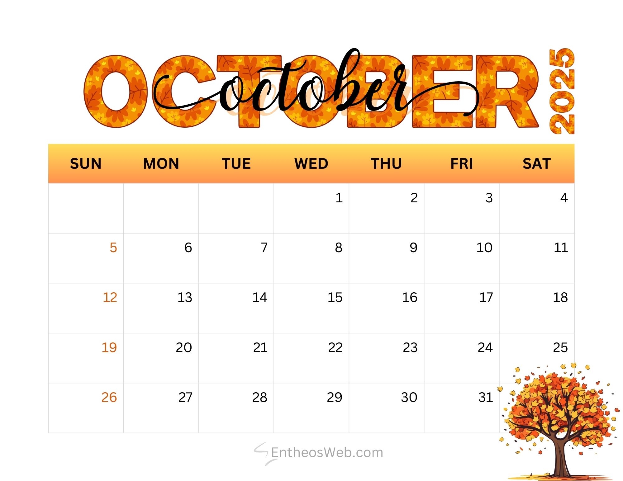 October 2025 Calendar Free Printables EntheosWeb