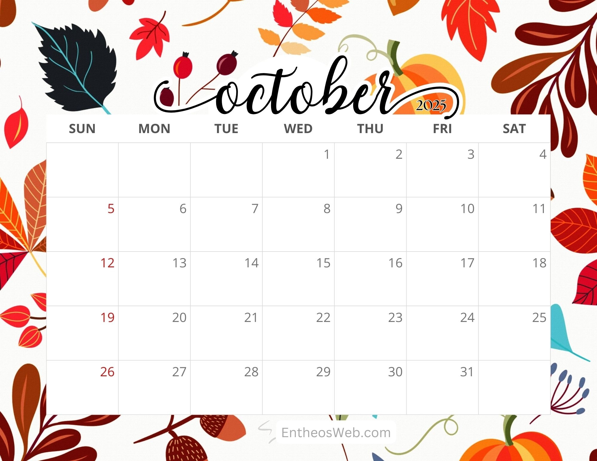 October 2025 Calendar Free Printables EntheosWeb