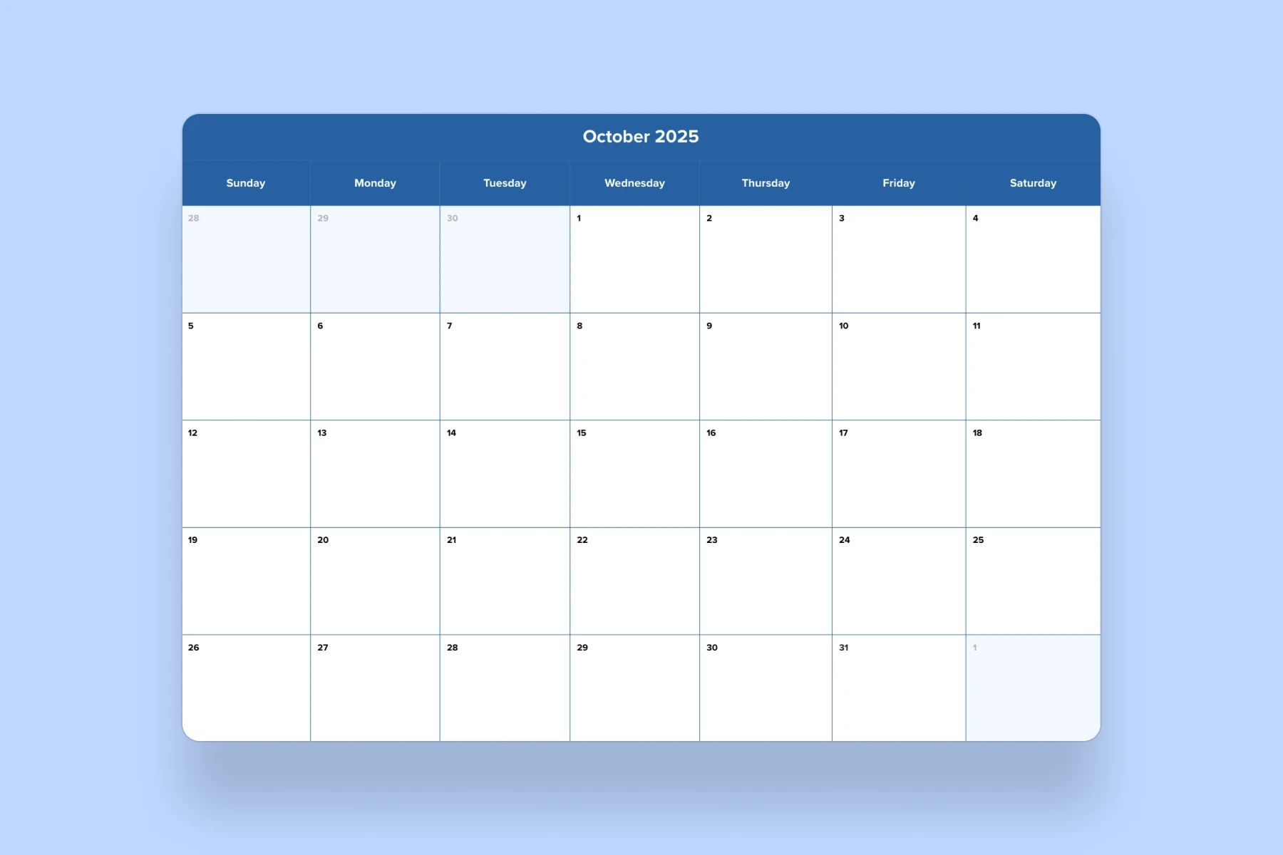 October 2025 Calendar Template Mural