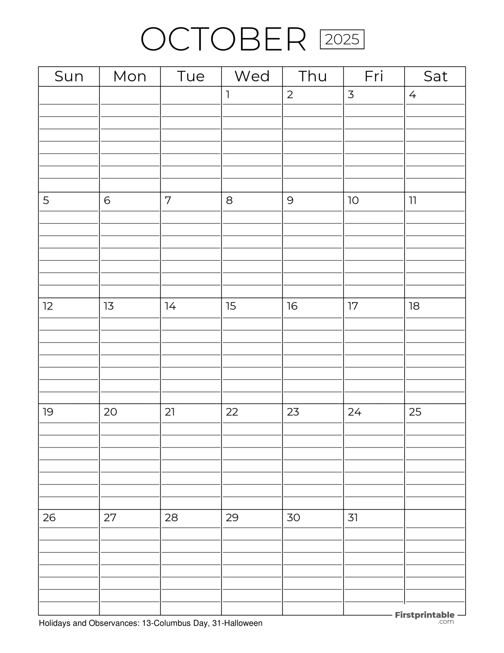 October 2025 Calendars Free Printable Fillable